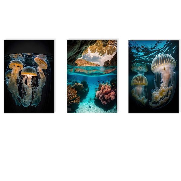 Canvas-Art-3 Pieces Blue Ocean Marine Glowing Jellyfish Lifestyle Wall Art