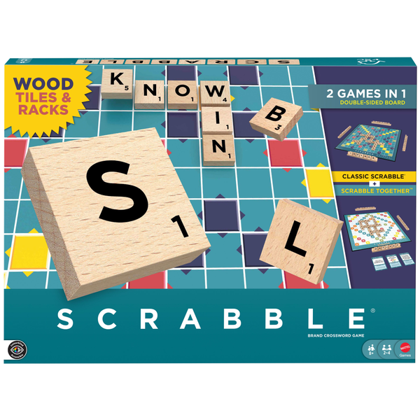 Scrabble Board Game Wood Tiles Double Sided Family Game Ages 8+