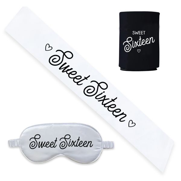 White Sweet Sixteen 16th Birthday Sash, Bottle Koozie and Satin Eyemask