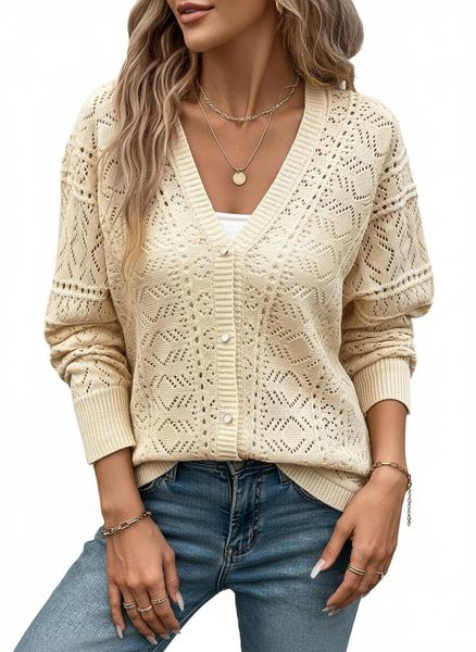 Women's Crochet Short Cardigan Thin Knitted Casual Long Sleeve Button Up