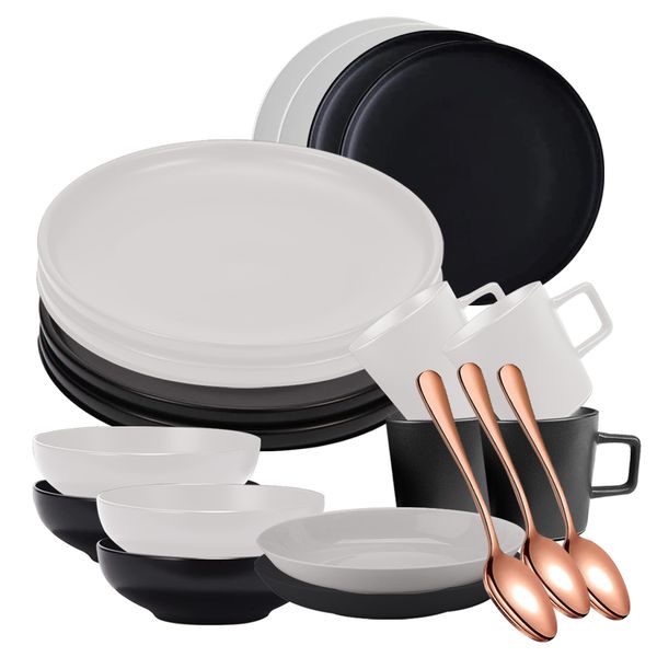 23 Pieces - Black&amp;Cream Premium Quality Ceramic Matte Finished Dinnerware Set