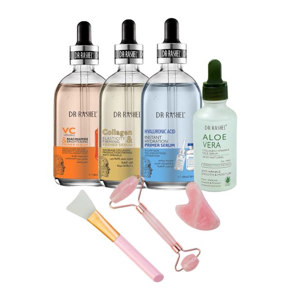 Set of 4 Anti-Aging Primer Serums with Quartz Face Massager Set