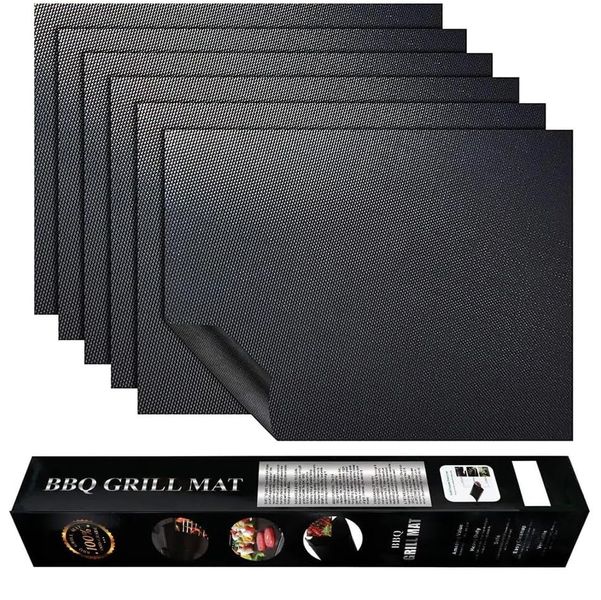 Non-Stick Grill Mats 40cm Heat-Resistant BBQ Cooking Sheets (6 Pack, Black)
