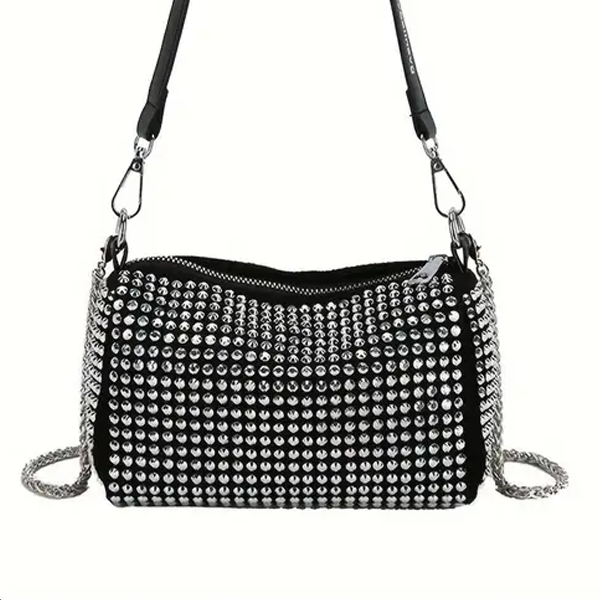 Stylish Black Shoulder Bag with Sparkling Rhinestone Detail, Zipper Closure