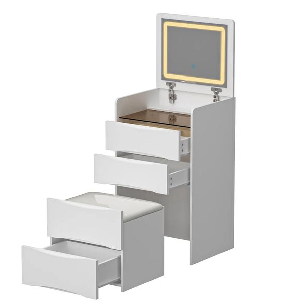 Furnny - Makeup Vanity Table with Flip-Top Mirror, Light, and Storage Stool