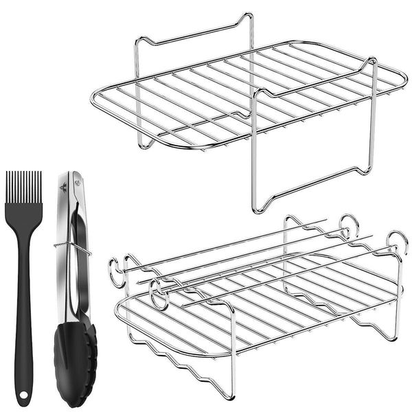 8-In-1 Stainless Steel Air Fryer Steam Skewer Rack with Oil Brush BBQ Clip