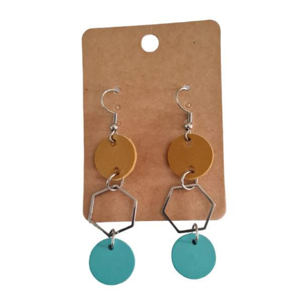 Stainless Steel, Leather Earrings - Mustard &amp; Teal 3 Tier