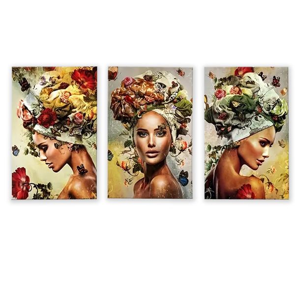 Canvas- Art - 3 Pieces Flower Head Ladies Canvas Wall Art Decor