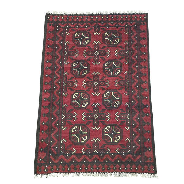 Handmade Cherry Red &amp; Beige Afghan Akche Wool Rug - 110 x 73cm
