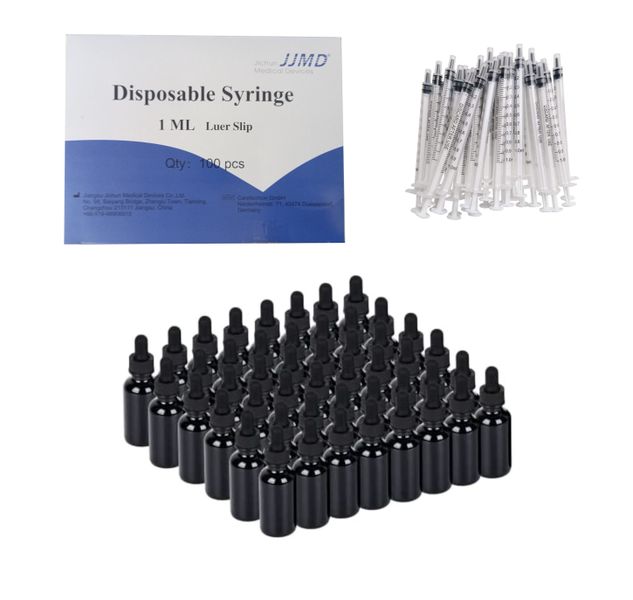100 each 10ml Black Medicine Bottles &amp; 1ml Syringe Aromatherapy Homeopathy