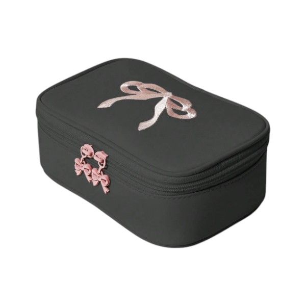 Pink Bow Embroidered Design Makeup Bag With Bow Zips - Black