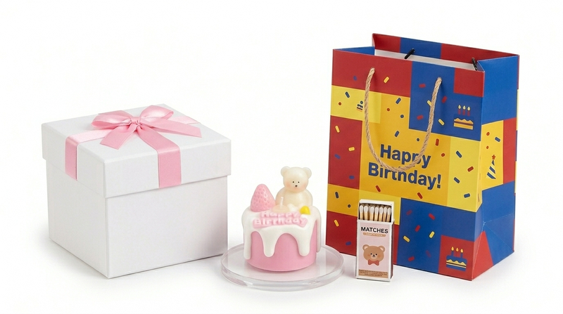 Happy Birthday Cake Candle Gift Bundle - Box, Matches and Gift Bag - Pink