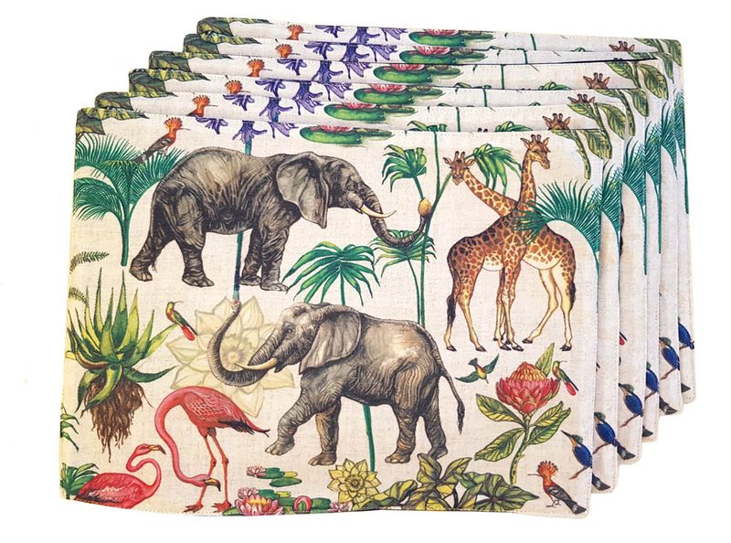 Vintage Elephant &amp; Flamingo Animal Fabric Placemats 40x30cm - Set of 6