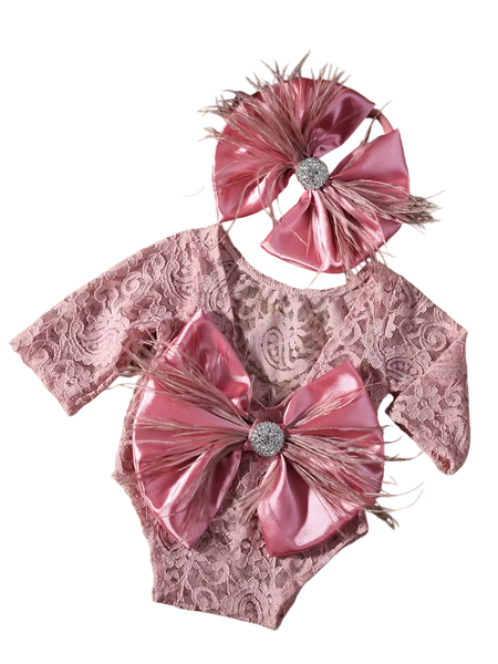 Blertsie Newborn Photography Outfit - Pink Lace Romper Bow Set