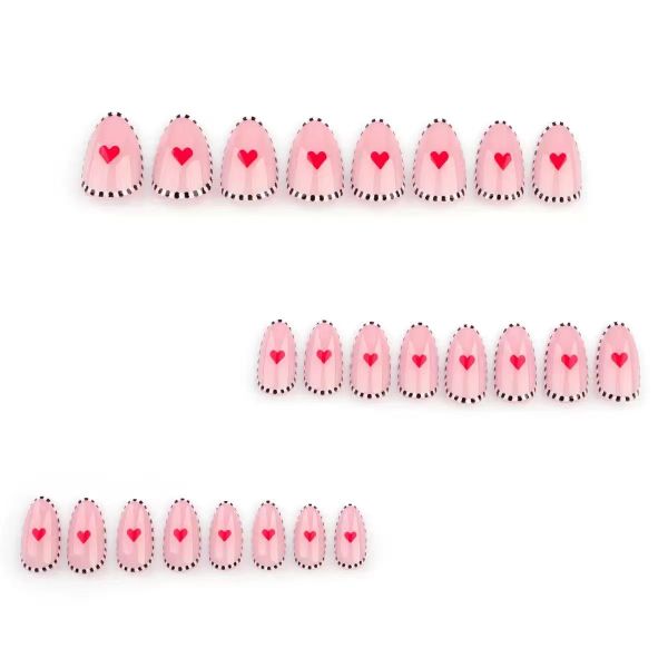 Short Red Heart False Nails with White and Black Striped Design