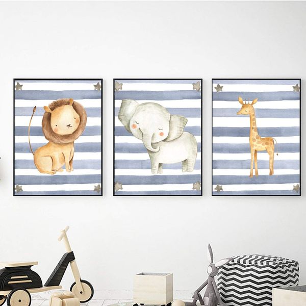 Safari Animals Blue Stripe - A2 - Canvas (3.5cm ) -Set Of 3