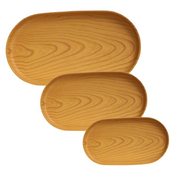 Home Kitchen Multi-Sized Oval Plastic Wood Grain Serving Tray - Set of 3