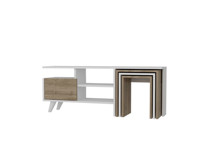 Hazlo Nature TV Unit Stand with Shelves &amp; Stackable Table White &amp; Walnut
