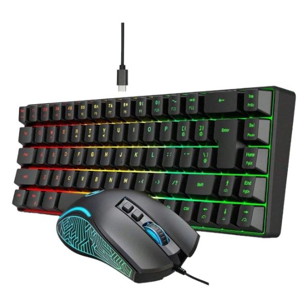 HXSJ - Wired Keyboard &amp; Abstract Mouse With Colourful Backlighting - Black