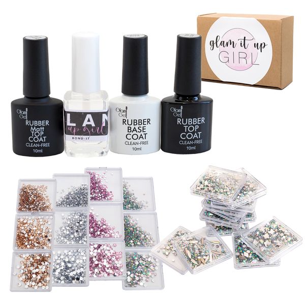 UV Gel Nail Polish Rubber Glam Gel Set &amp; Nail Art Gem Crystals 24 Pieces