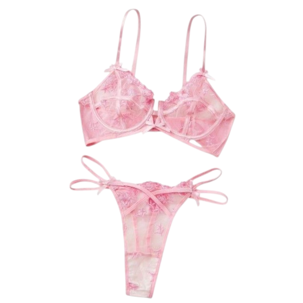 Floral Embroidery Mesh Underwire Lingerie Set - Medium - Pink
