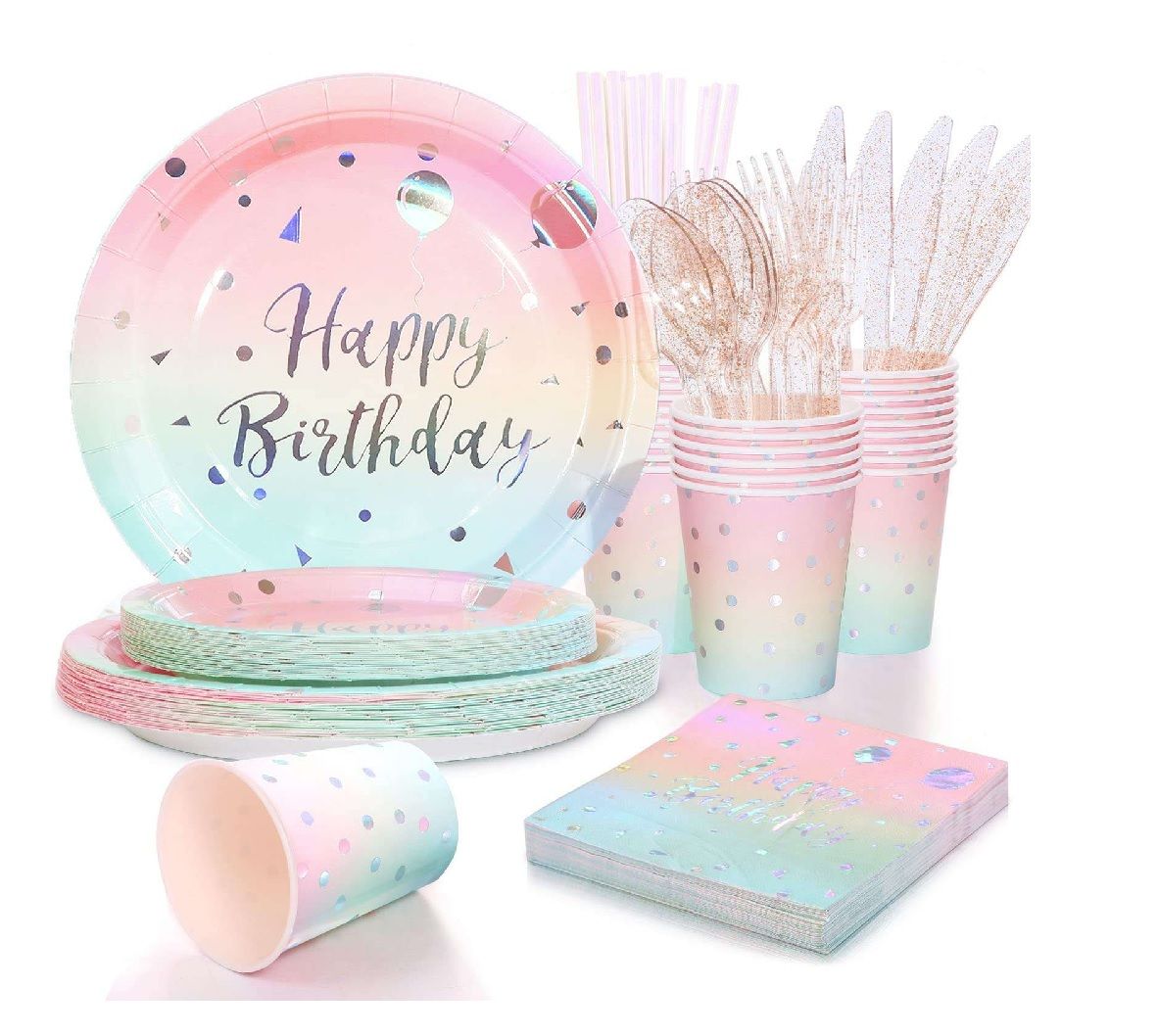 25 Guests Disposable Plates Cups & Cutlery Birthday Party Rainbow Set