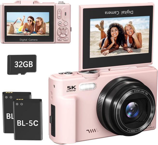 Dual Screen 5K Digital Camera for Vlogging with Fill Light - 80MP
