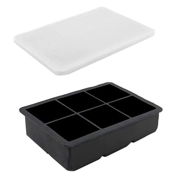6 Slot Big Block Ice Mold Black Silicone Extra Large Ice Cube Tray with Lid