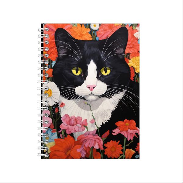 TUXEDO CAT SURROUNDED BY FLOWERS 2 A5 Notebook Gift Idea Notepad 229