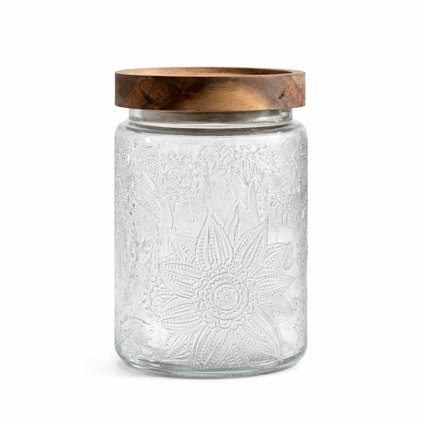2 Pack - 850ml Glass Embossed Sunflower Storage Jar - Transparent