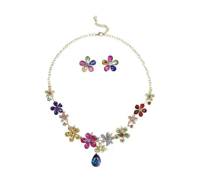 ZELTRYN Multicolor Floral Crystal Necklace &amp; Earring Jewelry Set
