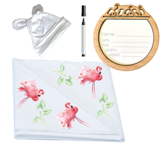 Swaddle, Newborn Beanie &amp; Birth Announcement -Flamingo