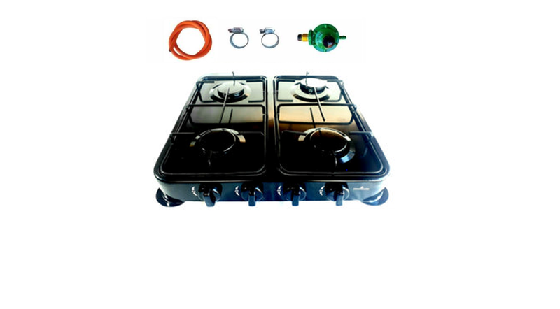 Black 4 Plate Gas Stove with Fittings for 9kg Gas Cyliner