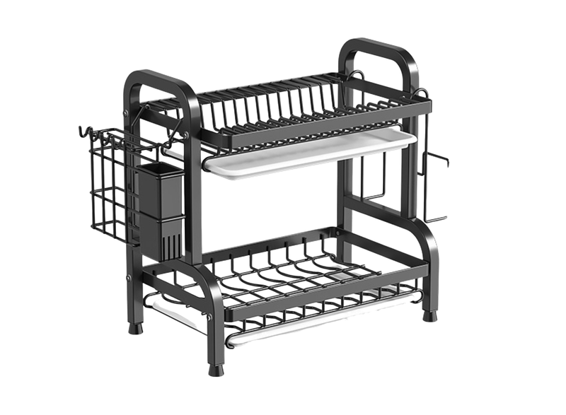 2-Tier Kitchen Dish Rack with Utensil Holder and Drain Board Tray