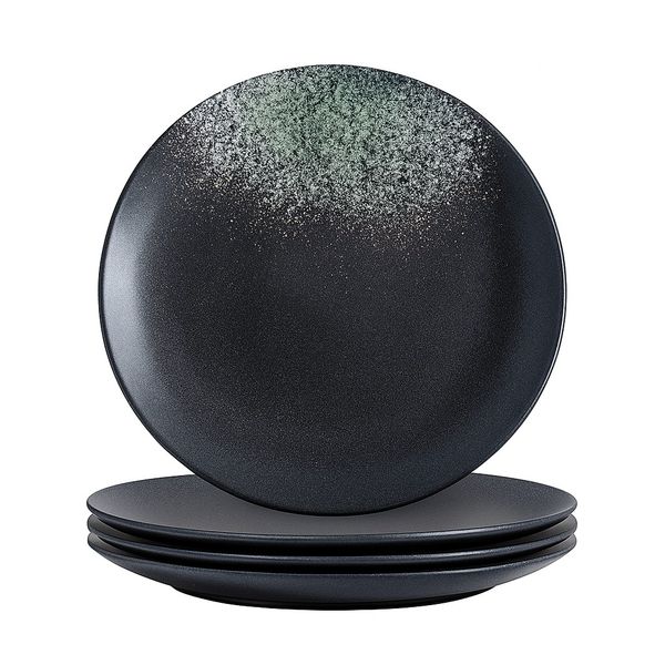 4 Piece - Japanese Ceramic Dinner Plate with Green Frosted Glaze Accent