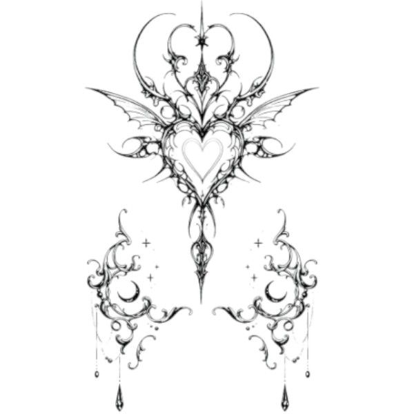 1 Piece - Celestial Heart And Moon Temporary Tattoo - Black