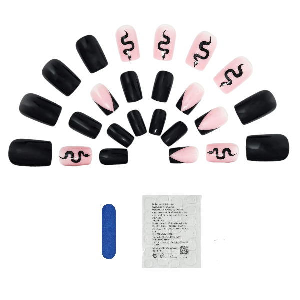 24Pcs Snake Pattern &amp; Black Glam Reusable Press-On Nails Set - Pink