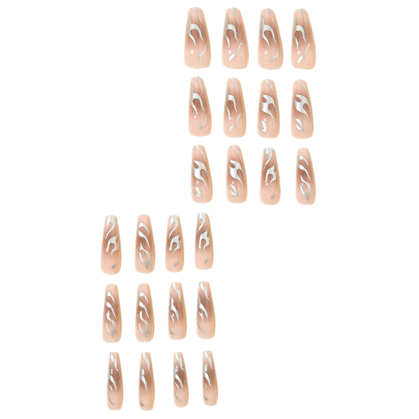 24-Piece Long Coffin Shaped Press-On Nails With Flame Design - Silver/Brown