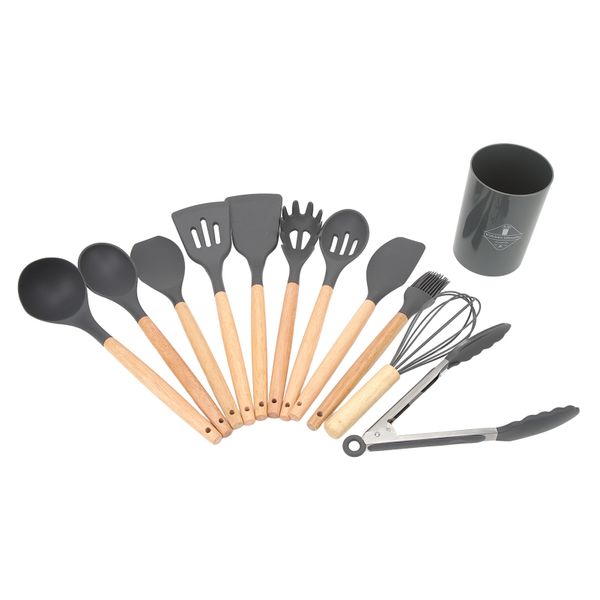 12 piece Kitchen Cooking Utensils Set Wooden Handle Kitchen Gadgets Gray