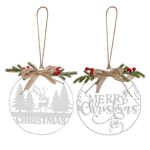 2PCS Christmas Metal Hanging Ornaments With Pine And Berry Accents