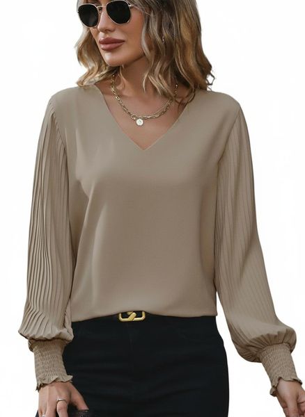 JUSIUU Women's V Neck Blouse Pleated Smocked Elegant Long Sleeve Top
