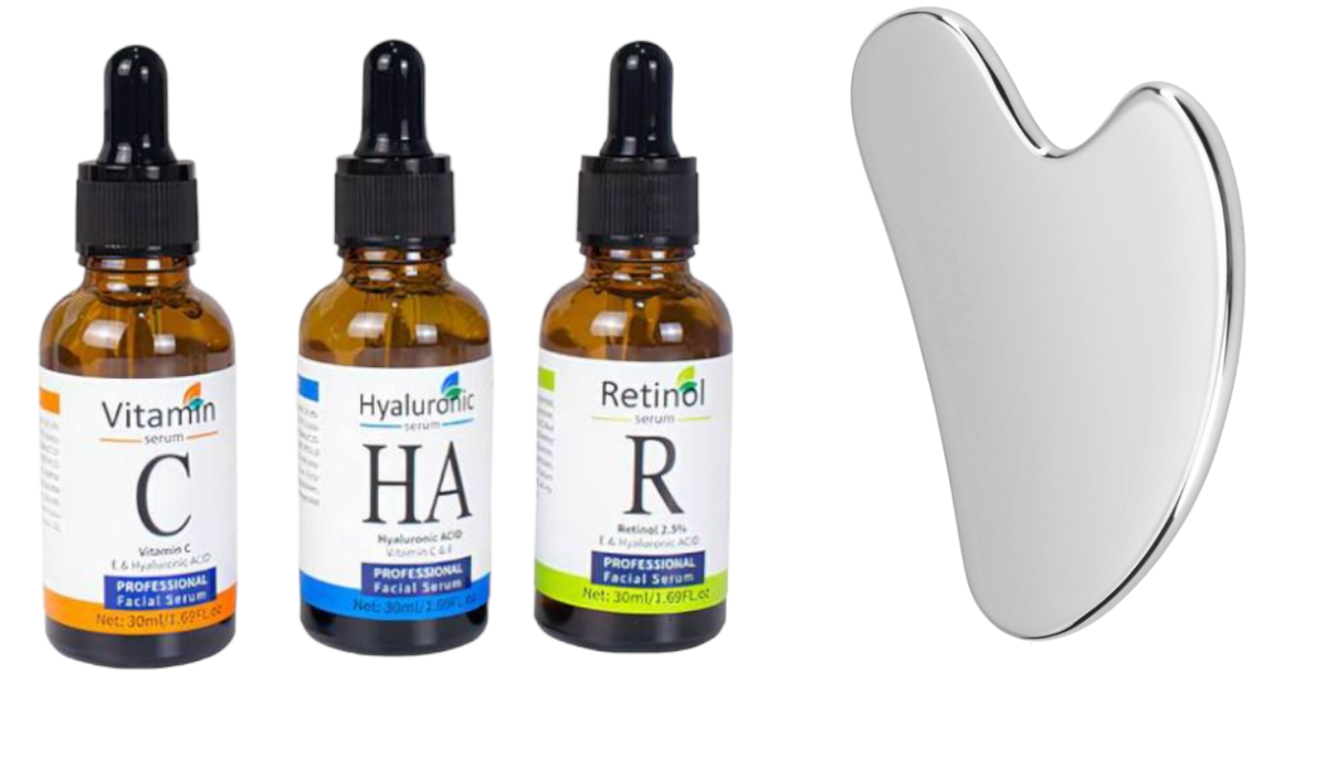 Face Serum Set Vitamin C,Hyaluronic Acid,Retinol & Stainless Steel Gua