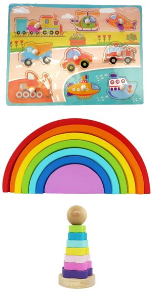 3 Piece Wooden Stacker and Puzzle Set