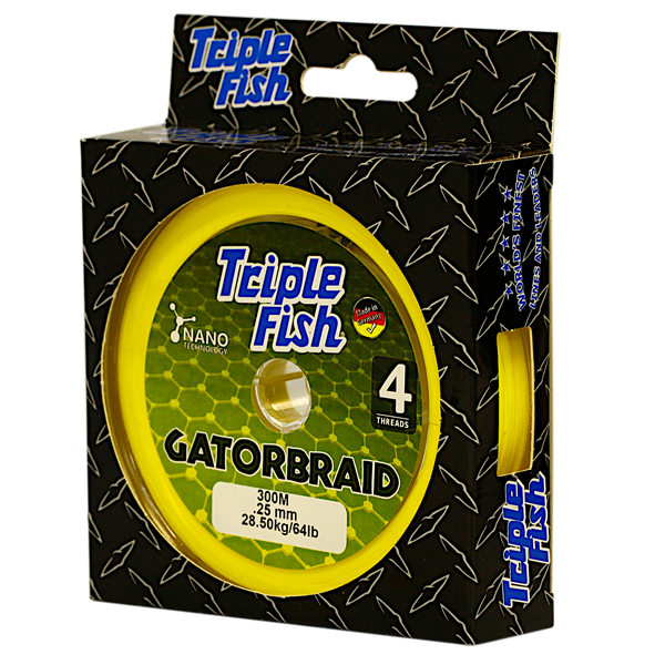 Triple Fish GATOR BRAID X4 Braided Fishing Line 28.5KG/64LB .25MM, Colour Yellow, 300M Spool