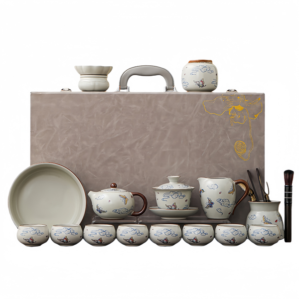 Butterfly Pattern Ru Kiln Ceramic Gongfu Tea Set with Gaiwan &amp; Teapot