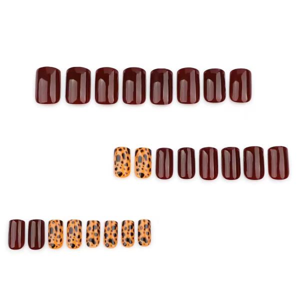Burgundy Nail Art Paired With Leopard Print Almond Shaped False Nails