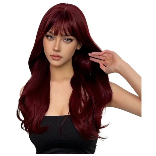 New wine red synthetic with bangs big waves long curly hair daily holiday