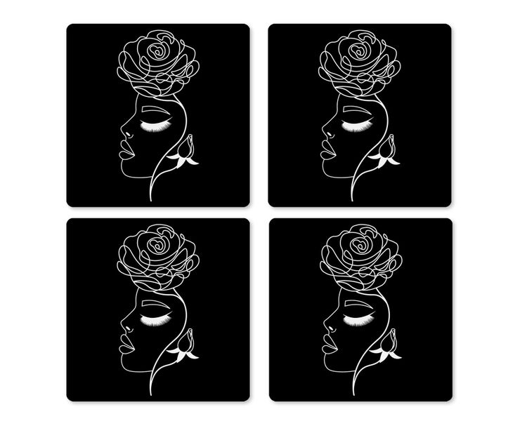 Coasters: Rosegirl Line-Art on Black (4Pack)