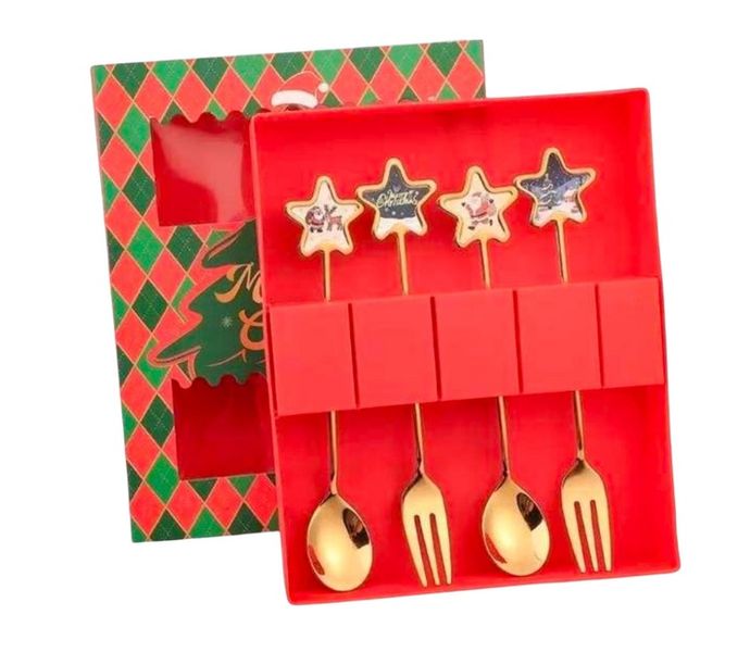 4-Piece Christmas Dessert Cutlery Set with Decorative Handles - Silver