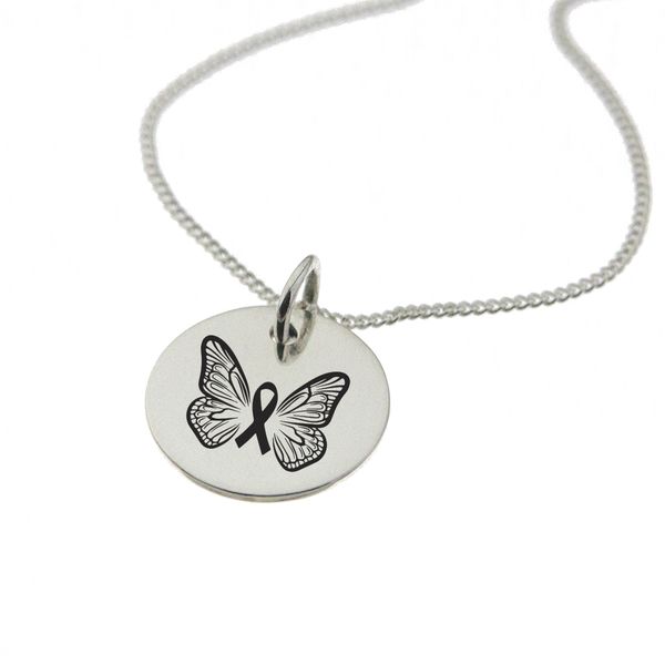 Butterfly and Cancer Ribbon Necklace with 'Brave and Strong' on the Back